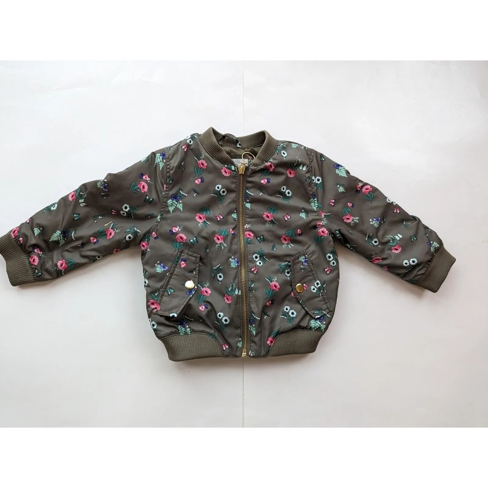 H&M Girls 1.5-2Y Army Green Floral Butterfly Bomber Jacket Full Zip Outdoor